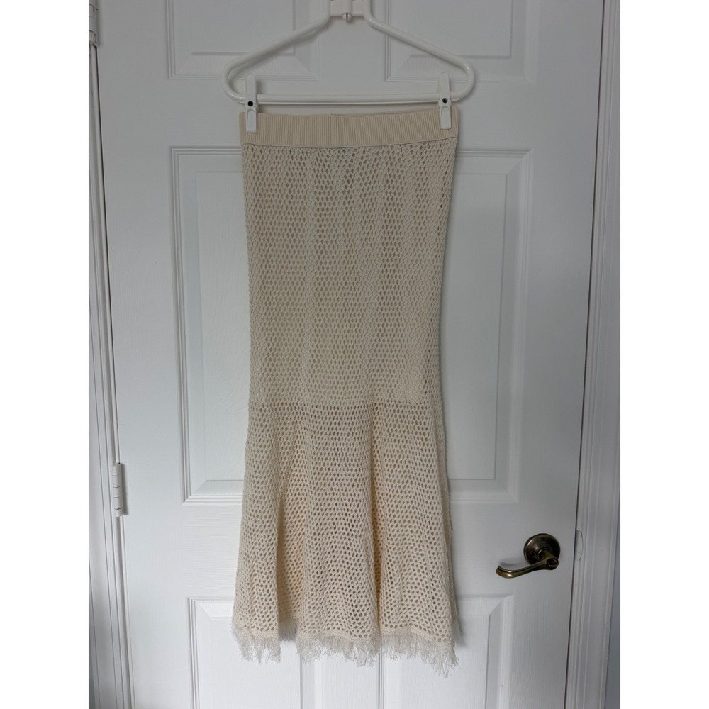 Loeil Crochet Maxi Long Skirt Fringe Open Knit Cream Beige Boho Chic Coquette - Picture 2 of 6